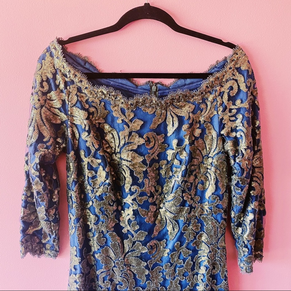 Tadashi Shoji off the shoulder sequined gown